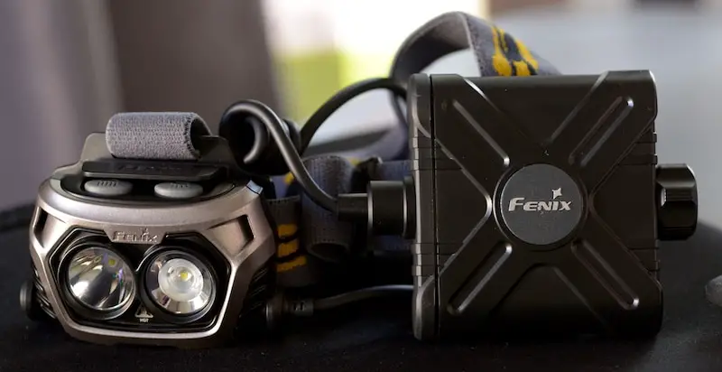 Photo of the complete Fenix HP25 unit - lights, strap, and battery pack.